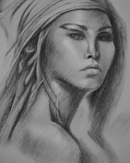 Image similar to A beautiful female warrior on a pirate ship at a deserted island, very faded outline, realism pencil drawing on white paper, bald lines