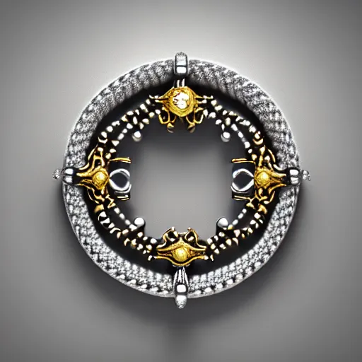 Image similar to intricate!! nordic ring and necklace and ear, silver and gold and diamond, isolated on a dreamy background. flowers in the background, refraction, occlusion, filigree, lower and upper levels, keyshot render, octane render, vray render