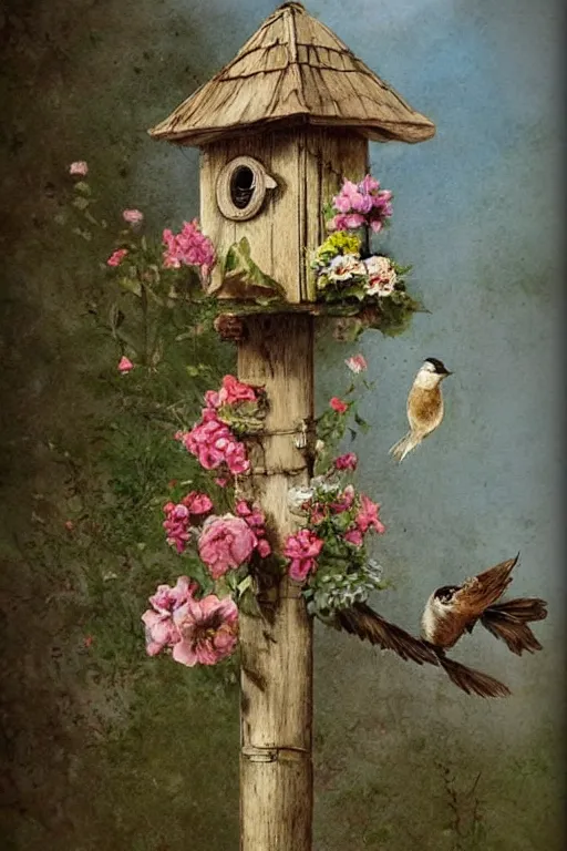 Prompt: whimsical birdhouse and flowers on a wooden pole by jean - baptiste monge