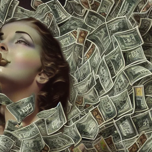 Prompt: tornado made of dollar bills, raining dollar bills, heavy winds and clouds of cash in the background, Realistic, Regal, Refined, Detailed Digital Art, Michael Cheval, Walt Disney (1937), François Boucher, Oil Painting, Steampunk, Highly Detailed, Cinematic Lighting, Unreal Engine, 8k