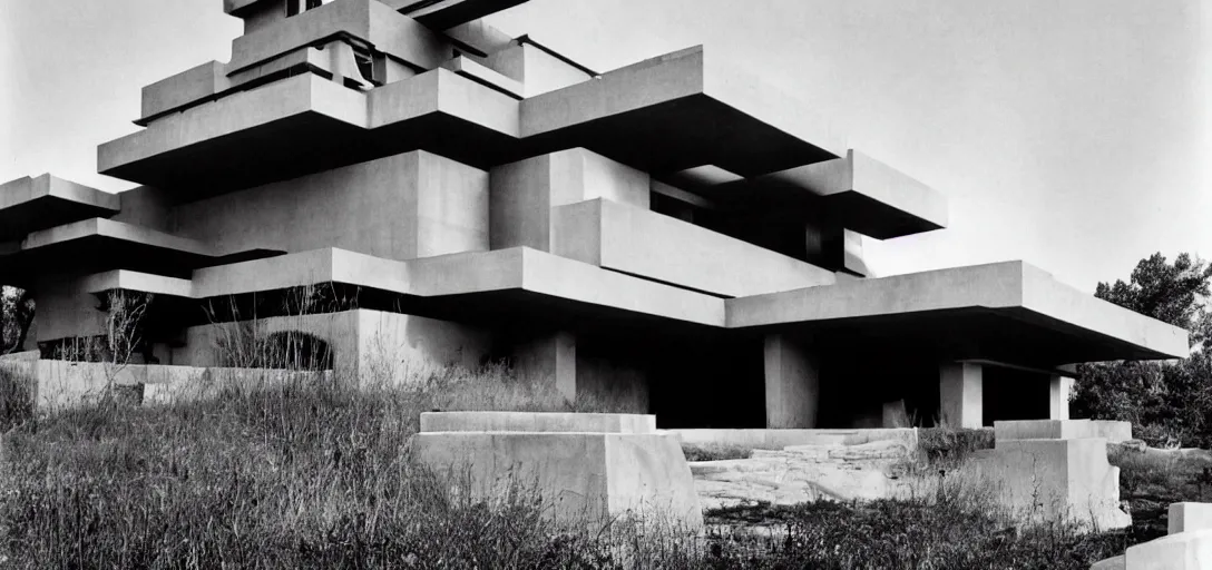 Image similar to dystopian house by frank lloyd wright. photograph by helmut newton.