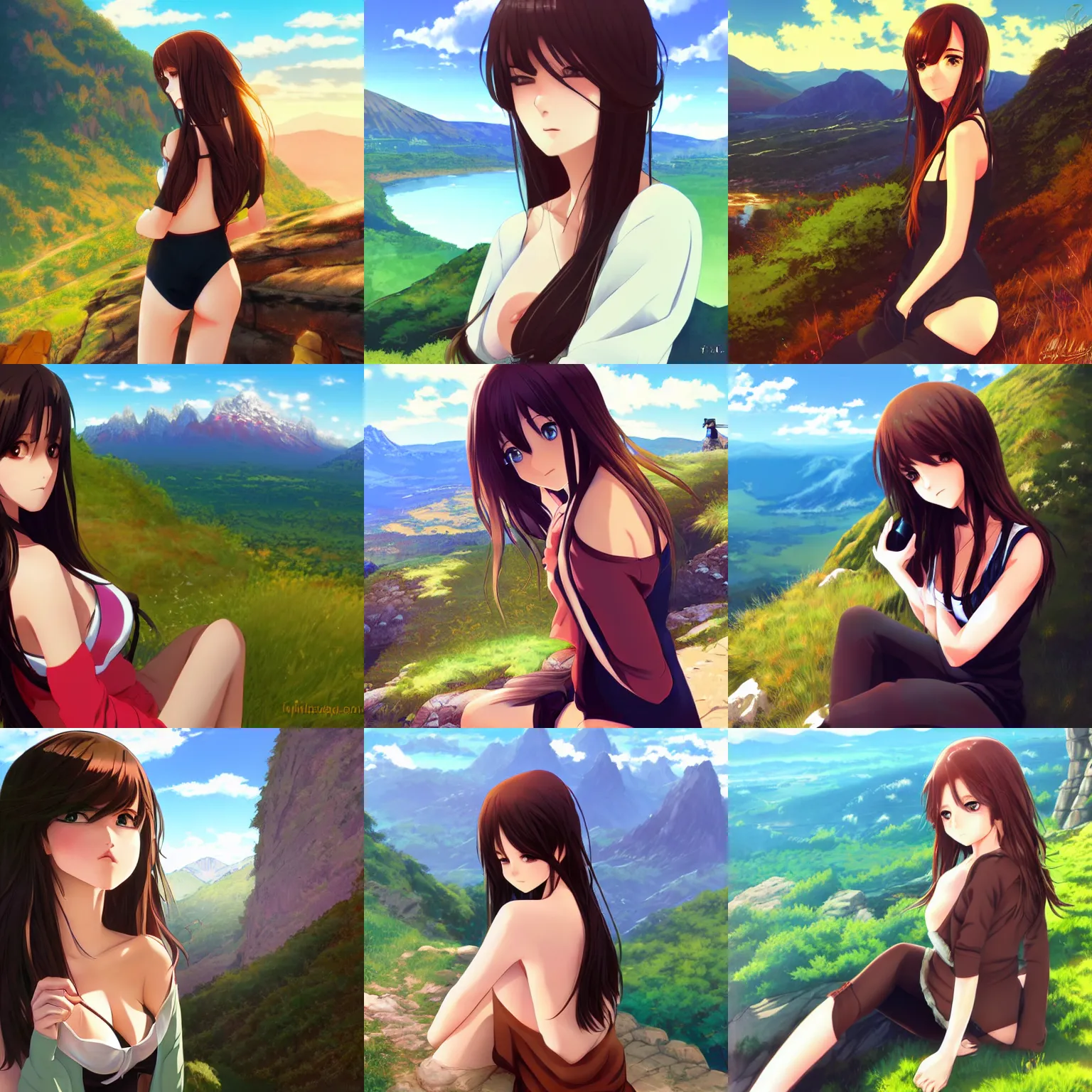 Prompt: sexy girl with long brown hair and luscious lips, scenic view, mountain landscape, artstyle : high quality anime and ilya kuvshinov