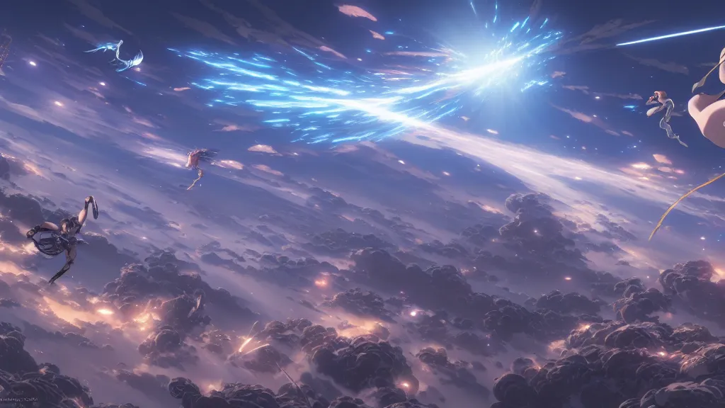 Image similar to highly detailed comic spread depicting an impactful action scene on the sky with expert design fictional characters, high details, dynamic art by murata, moebius, makoto shinkai, craig mullins, digital painting, masterpiece, best selling, pixiv, volumetric lighting, realistic shaded lighting, 8 k, highly detailed render,