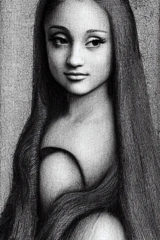 Image similar to a portrait of ariana grande in the style of leonardo da vinci drawing,, single head, no double head,