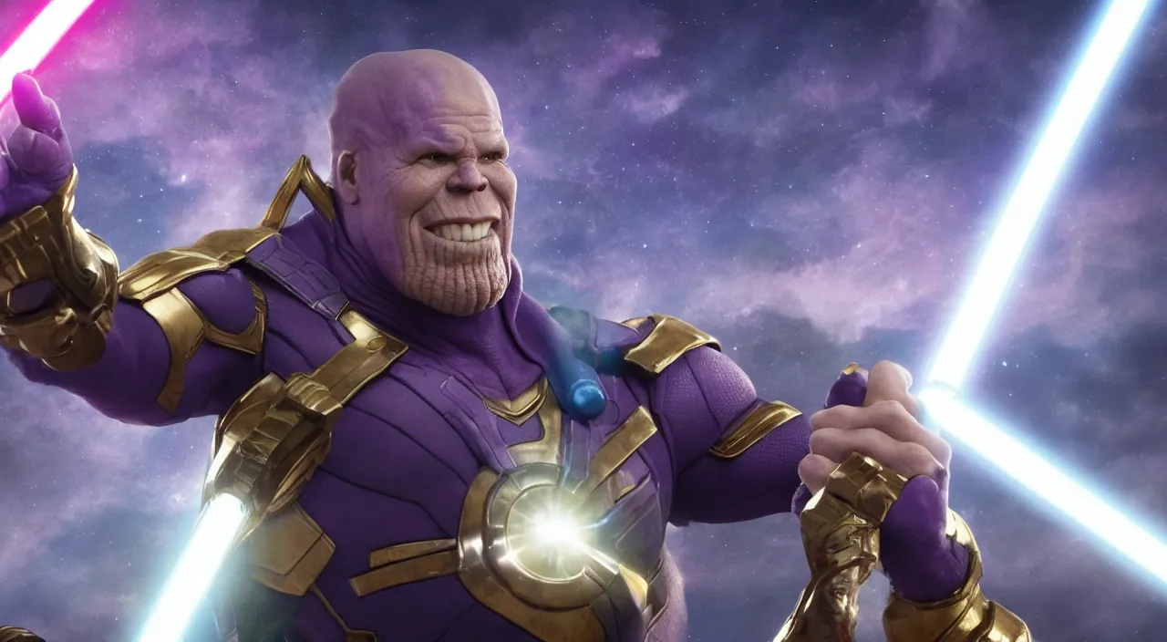 Prompt: MCU 3D render of thanos smiling, wearing infinity gauntlet and wielding a lightsaber, high quality wallpaper, desktopography