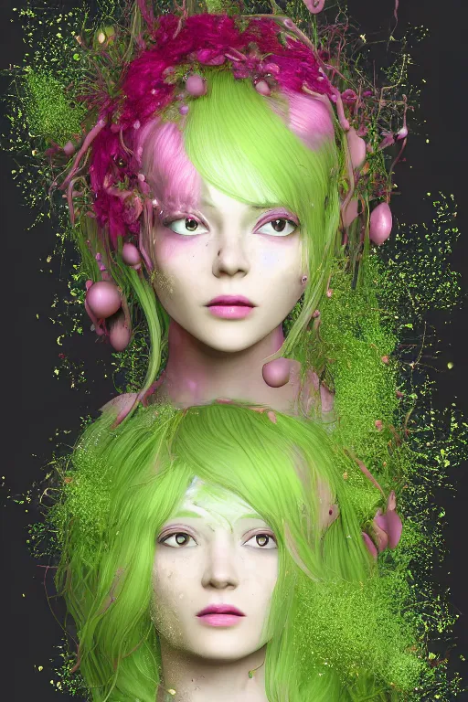 Image similar to transcending yesterday's self, vine headdress, moss patches, 2 0 mm, with pastel yellow and green bubbles bursting, pink hair, melting into lilligant, delicate, beautiful, intricate, houdini sidefx, by jeremy mann and ilya kuvshinov, jamie hewlett and ayami kojima, bold 3 d