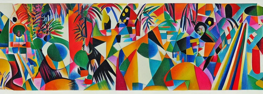 Image similar to party in jungles, girls with a slim figure in carnival skirts and guys in polygonal print shorts dance to the sound of ethnic drums, author zima blue, very elongated lines, wasily kandinsky, malevich, surrelialism, color splashes, grain