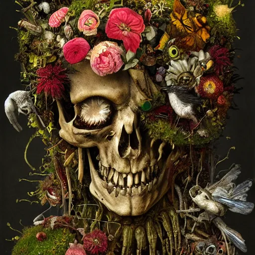 Prompt: 'Life from death' A horrifyingly detailed aesthetic horror figure painting depicting 'A mossy glass skeleton with plants and flowers growing all over it, birds and insects flying all around it' by giuseppe arcimboldo and Rembrandt, Trending on cgsociety artstation, 8k, masterpiece, cinematic lighting, highly detailed, vibrant colors.