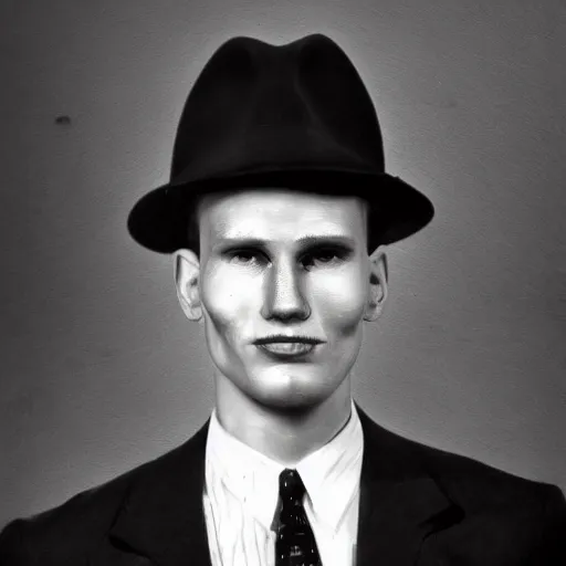 Image similar to A photograph portrait of Jerma985 wearing a suit with and fedora in the 1950s, taken in the early 1950s, grainy, taken on a 1950s Kodak Camera, realistic, hyperrealistic, very realistic, highly detailed, very detailed, extremely detailed, detailed, digital art, trending on artstation