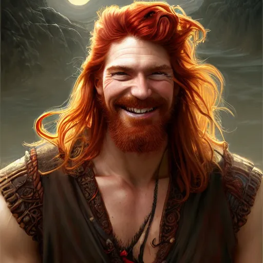 Image similar to portrait of a young ruggedly handsome but joyful pirate, male, masculine, muscular, upper body, red crimson crimson hair, long long flowing hair, fantasy, smug smirk, intricate, elegant, highly detailed, digital painting, artstation, concept art, matte, sharp focus, illustration, art by artgerm and greg rutkowski and alphonse mucha