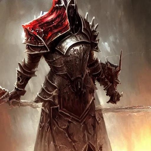 Prompt: blood death knight in heavy armor, artstation hall of fame gallery, editors choice, #1 digital painting of all time, most beautiful image ever created, emotionally evocative, greatest art ever made, lifetime achievement magnum opus masterpiece, the most amazing breathtaking image with the deepest message ever painted, a thing of beauty beyond imagination or words