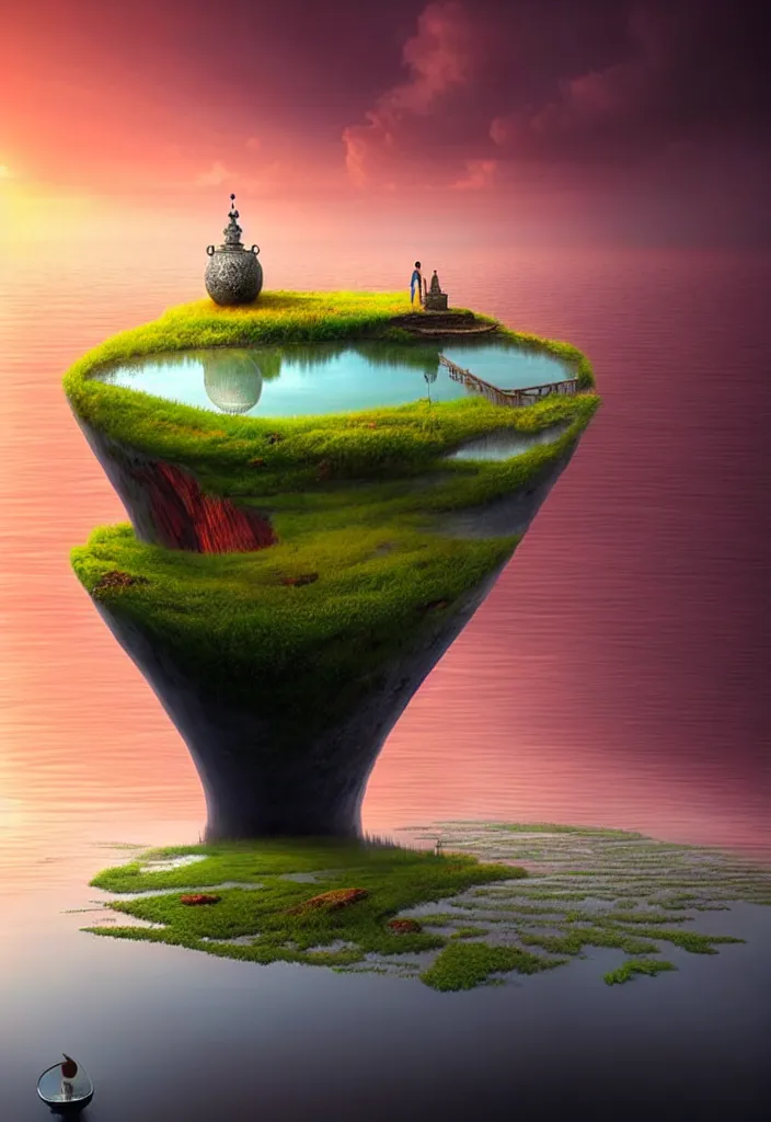 Image similar to a surreal landscape at sunset with a immense gigantic ornated iron chalice cup with a lake inside, water in excess droping by gediminas pranckevicius