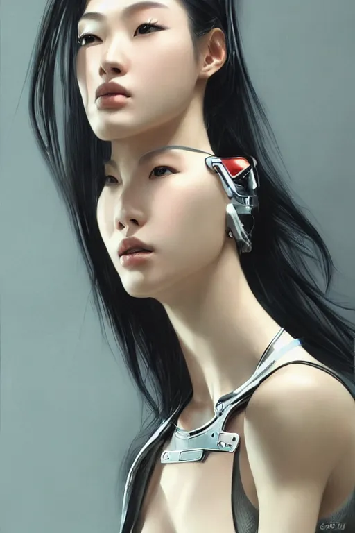 Image similar to Photorealistic illustration, 3/4 view of Korean fashion model with cybernetic neck, cyberpunk 2077, sci-fi, futuristic, intricate, elegant, highly detailed, digital painting, artstation, concept art, smooth, sharp focus, art by artgerm, greg rutkowski and alphonse mucha