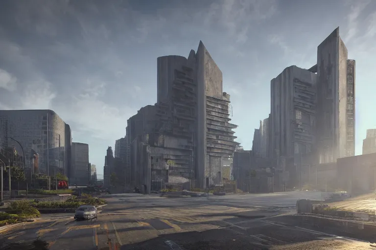 Image similar to streetscape, a towering cathedral of brutalist architecture, buildings covered with greebles, stunning volumetric light, sunset, metal, concrete and translucent material, stunning skies, majestic landscape, trending on Artstation, 8k, photorealistic, hyper detailed, unreal engine 5, IMAX quality, cinematic, epic lighting, in the style of Greg Rutkowski