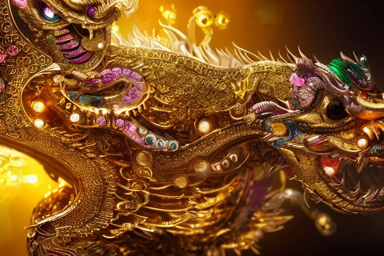 Prompt: cinematic shot of a miniature gold and silver chinese dragon intricately decorated with colorful jewels, detailed textures, midnight city lights, strong bokeh, dramatic lighting, unreal engine, cgsociety, artstation, 4k