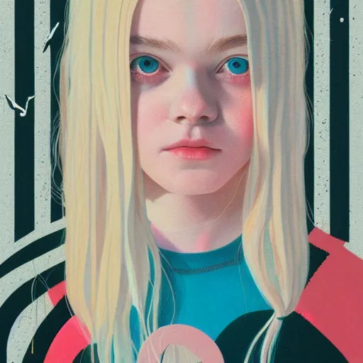 Prompt: Elle Fanning in The Shining picture by Sachin Teng, asymmetrical, dark vibes, Realistic Painting , Organic painting, Matte Painting, geometric shapes, hard edges, graffiti, street art:2 by Sachin Teng:4