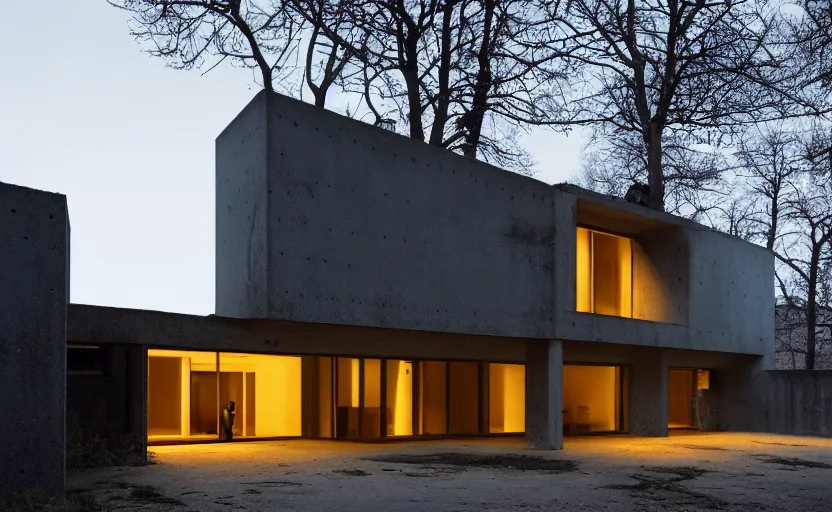 Prompt: An Exterior wide angle shot of a cyberpunk brutalist architecture House with warmly lit windows by Peter zumthor and James Turrell, Dark atmospheric sad and cinematic lighting, Trending on artstation, Archviz, Archdaily, Deezen, Design milk, Architectural visualisation