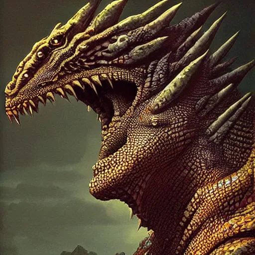 Image similar to tribal lizardman warrior full body concept, lizard head, dragon head, wearing tribal armor, beksinski