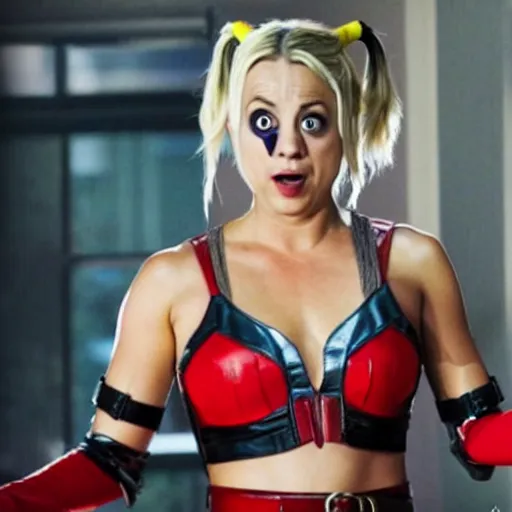 Image similar to A still of Kaley Cuoco as Harley Quinn