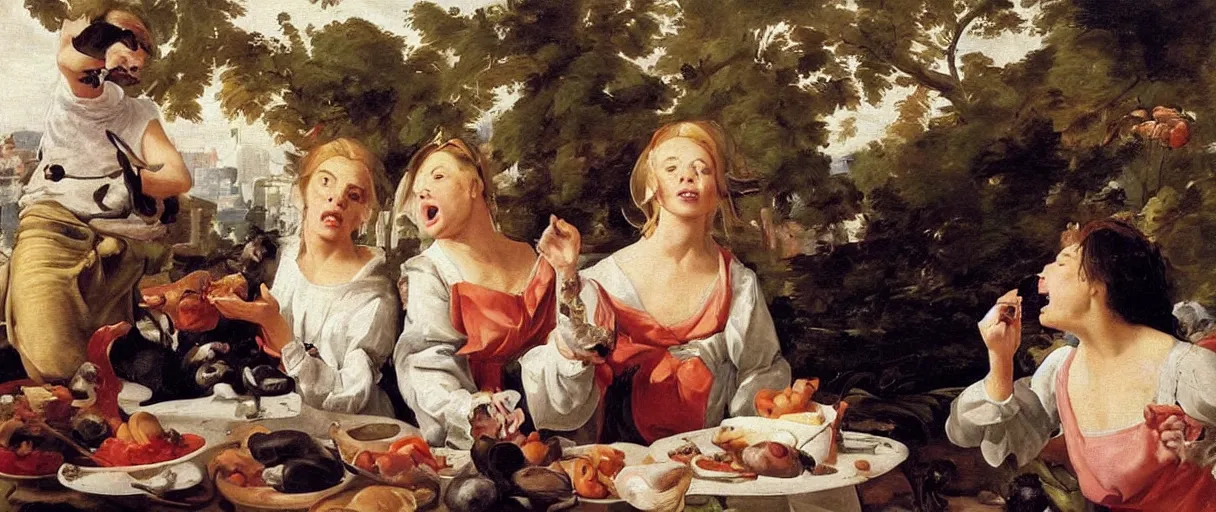 Image similar to painting portrait of ( ( ( two women yelling at cat meme ) ) ). taylor armstrong and kyle richards. crazy blonde woman sideview pointing and yelling at white cat that is eating vegetables from plate. accidental renaissance by diego velasquez, young woman, high resolution, very detailed art