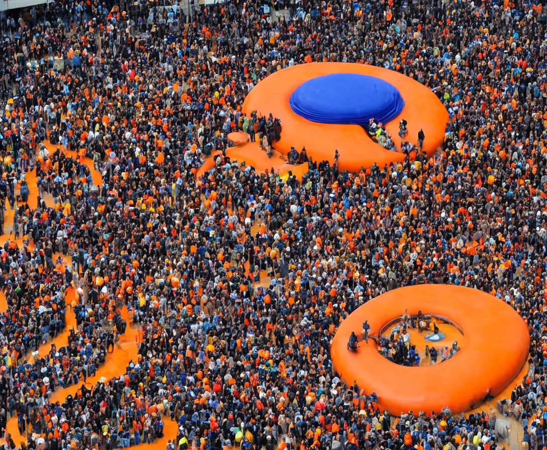 Image similar to a huge orange ring which is used for transport, in front of it are many people that want to travel with it, they have to hop on a giant moving floor to reach the ring