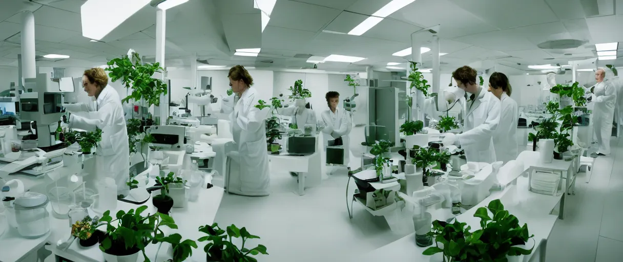 Image similar to movie still 4 k uhd 3 5 mm film color photograph of a clean white futuristic minimal biology lab full of plants