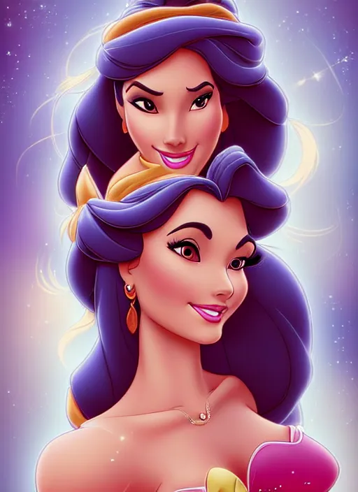 Image similar to gorgeous disney princess jasmine and princess belle, professionally retouched, muted colors, soft lighting, realistic, smooth face, full body shot, torso, dress, perfect eyes, sharp focus on eyes, 8 k, high definition, insanely detailed, intricate, elegant, art by j scott campbell and artgerm