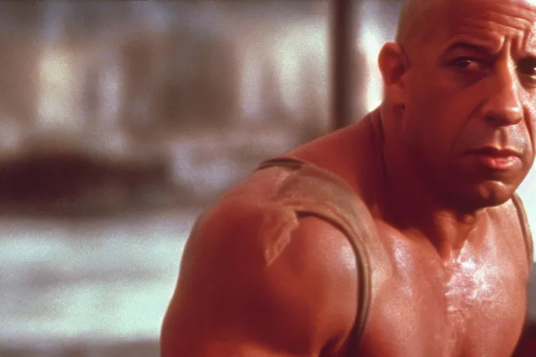 Image similar to film still of Vin Diesel as John McClane in Die Hard 1988