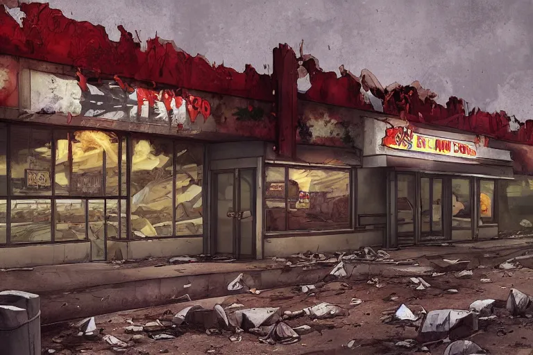 Image similar to the abandoned fast food restaurant of the dead, demons, hell, artstation