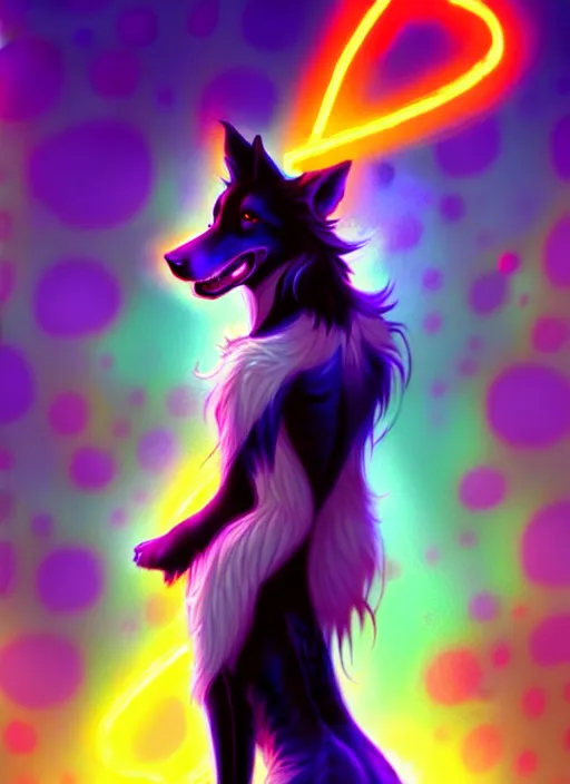 Image similar to wide angle beautiful full body portrait of a cute male anthropomorphic anthro border collie fursona wearing cowboy outfit in a neon metropolis, character design by charlie bowater, henry asencio, and ross tran, furry art, furaffinity, beautiful, glamor pose, detailed, aesthetic, trending on artstation