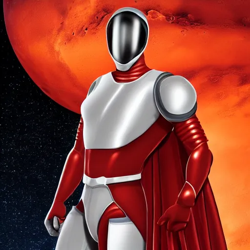 Image similar to portrait of a tall athletic muscular infantry man in glossy sleek white armor with tiny red details and a long red cape, heroic posture, on the surface of mars, night time, dramatic lighting, cinematic, sci-fi, hyperrealistic, movie still