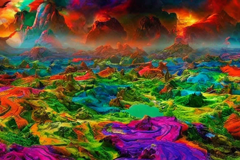Image similar to a very beautiful crazy colorful landscape photo of a secret civilization, hyperdetailed, cinematic masterpiece