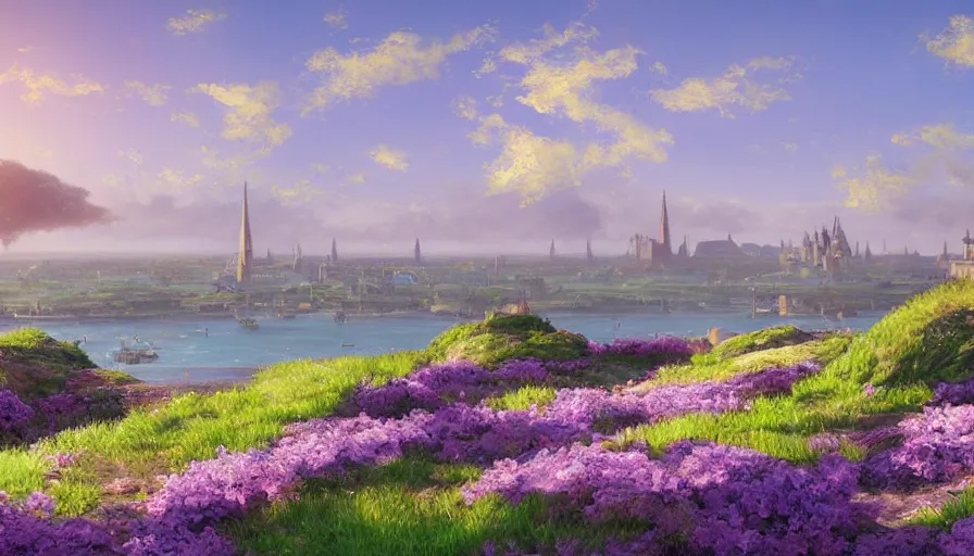 Prompt: over the shoulder landscape painting of violet evergarden standing on a distant colorful flower hill, behind it a distant old european city leiden from violet evergarden next to the reflecting ocean, ocean, sunshine, fantasy, intricate, elegant, highly detailed, digital painting, artstation, blender, unreal engine 5, octane render, smooth, sharp focus, illustration, by Anton Fadeev and Philipp A. Urlich and Pengzhen Zhang and Andreas Rocha