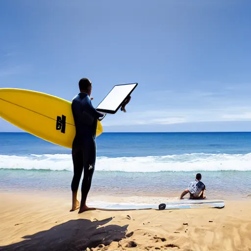 Image similar to mailman holding a macbook in one hand and waving to a surfer with the other hand