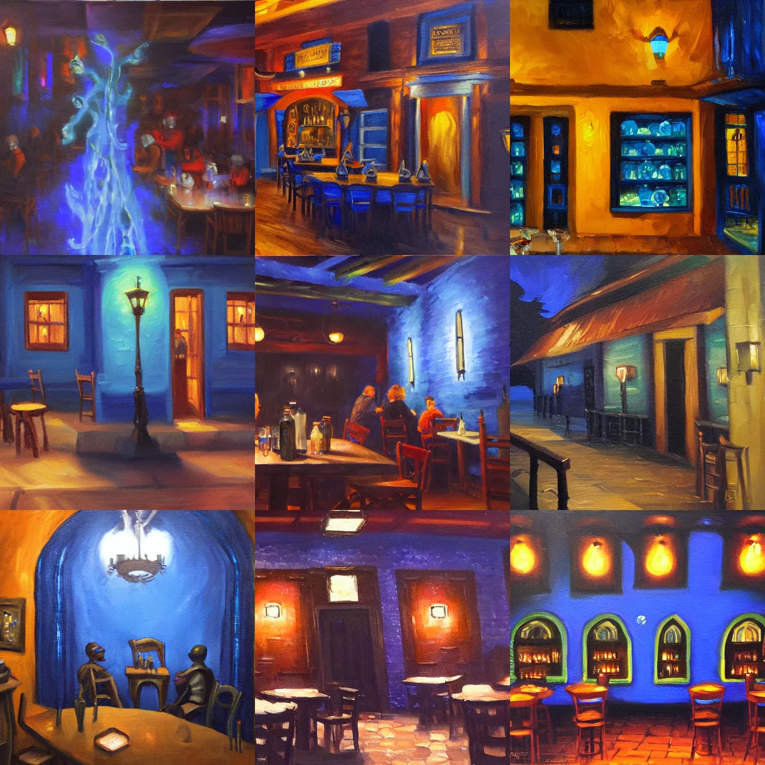 Prompt: blue wisp in d & d tavern at night, oil painting