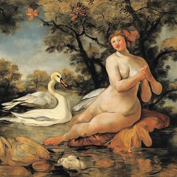 Prompt: leda with swan in a stunning landscape, golden light in center of painting, oil painting by frans hals