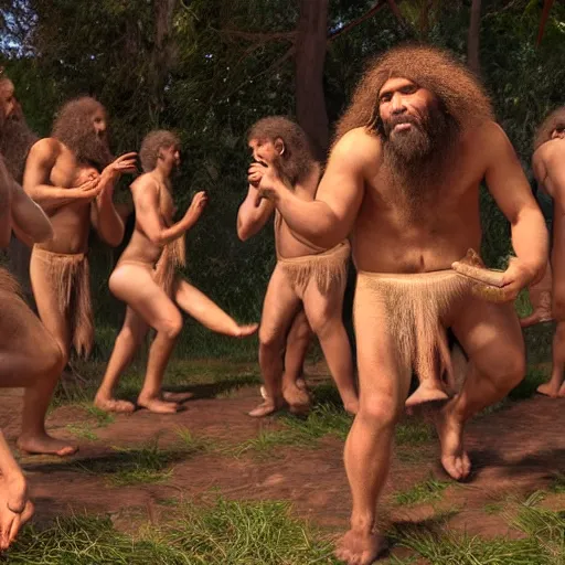 Image similar to photo of ancient cavemen dancing around a single beer can, high detail, ultra realistic, 4k UHD, pristine