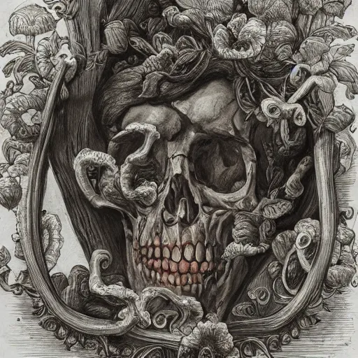 Image similar to a beautiful detailed front view rococo portrait of a rotten woman corpse becoming almost a skull with face muscles, veins, artery, fractal plants and fractal flowers and mushrooms growing around, intricate, ornate, volumetric light, beautiful lit, beetlejuice