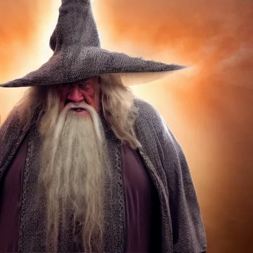 Prompt: obese Gandalf wearing a headset yelling at his monitor while playing WoW highly detailed wide angle lens 10:9 aspect ration award winning photography by David Lynch esoteric erasure head