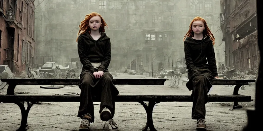 Image similar to mid shot of sadie sink in hoodie sits on bench in ruined square, pedestrians walk by | steampunk tenement windows in background : 3 5 mm film, anamorphic, from schindler's list by steven spielberg. cyberpunk, cinematic atmosphere, detailed and intricate, perfect anatomy