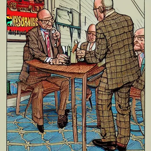 Image similar to The Artwork of R. Crumb and his Cheap Suit Klaus Schwab and Justin Tradeau, pencil and colored marker artwork, trailer-trash lifestyle