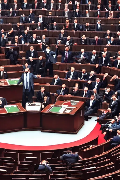 Prompt: a representative in turkish parliament is giving a speech, the image has gta loading screen visual style.