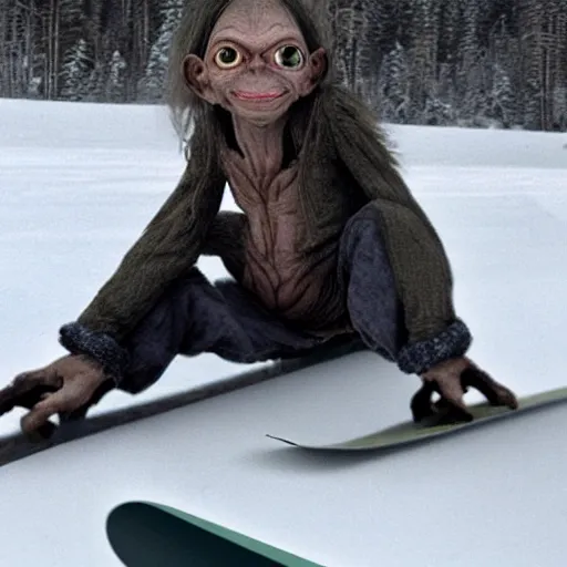 Prompt: Gollum on snowboard with cigarette in mouth