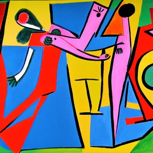 Prompt: abstract drawing of dancing people in the style of pablo picasso