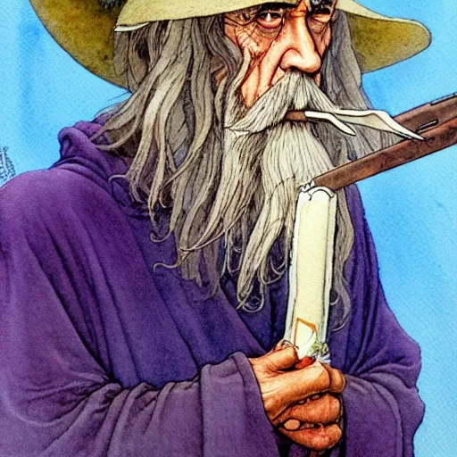 Image similar to a realistic and atmospheric watercolour fantasy character concept art portrait of gandalf smoking weed looking at the camera with an intelligent gaze by rebecca guay, michael kaluta, charles vess and jean moebius giraud