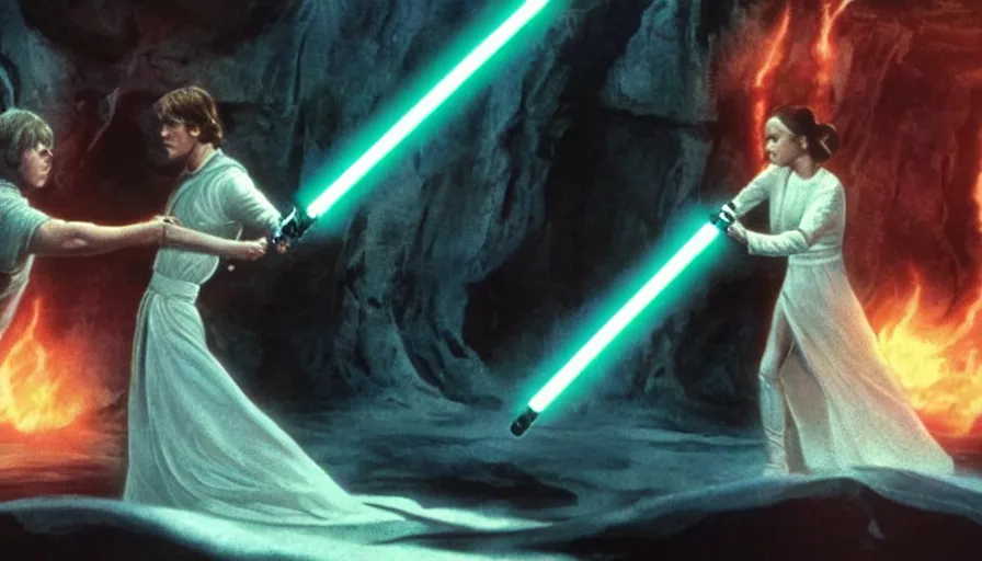 Prompt: screenshot portrait of Luke Skywalker and Princess Leia, with the lightsabers ignited, facing off against an incredibly haunting female sith lord in white, on a planet of maelstrom, iconic scene from the 1970s sci fi thriller film by Stanley Kubrick, HR Geiger, stunning cinematography, hyper-detailed, sharp, anamorphic lenses, kodak color stock, 4k, stunning