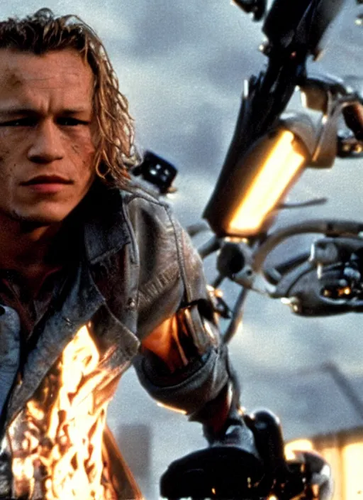 Image similar to film still of Heath Ledger as The Terminator in The Terminator, 4k