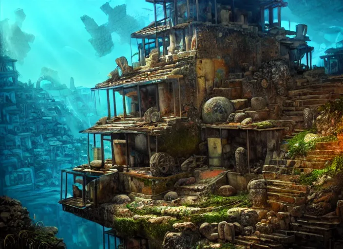 Prompt: ancient ruins favela, underwater environment, scenery, professional, award - winning, trending on artstation, hyper detailed, realistic, beautiful, emotional, shiny, golden, picture