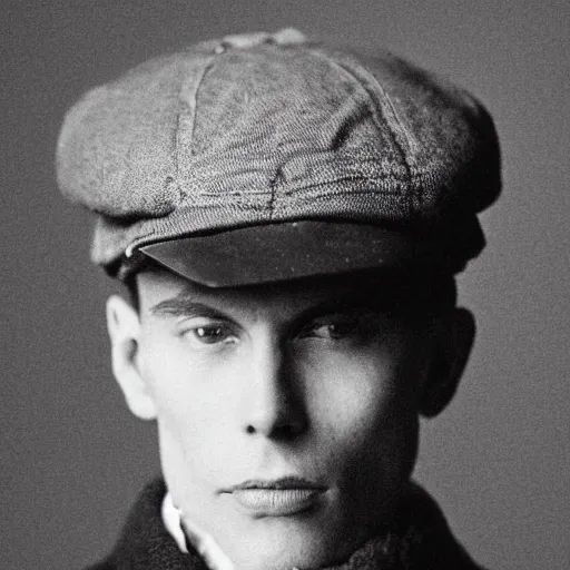 Image similar to A photograph portrait of Jerma985 wearing a newsboy cap in the early 1900s, taken in the early 1900s, grainy, taken on a early 1900s Kodak Camera, realistic, hyperrealistic, very realistic, highly detailed, very detailed, extremely detailed, detailed, digital art, trending on artstation