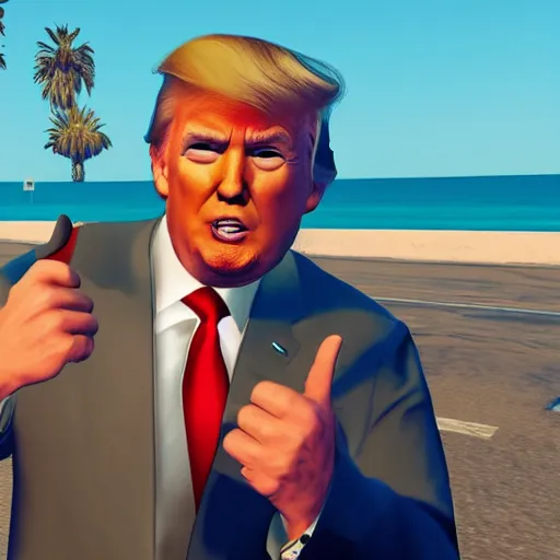 Image similar to Donald Trump in the style of GTA v, Miami beach, GTA v video game art, sunset aesthetic